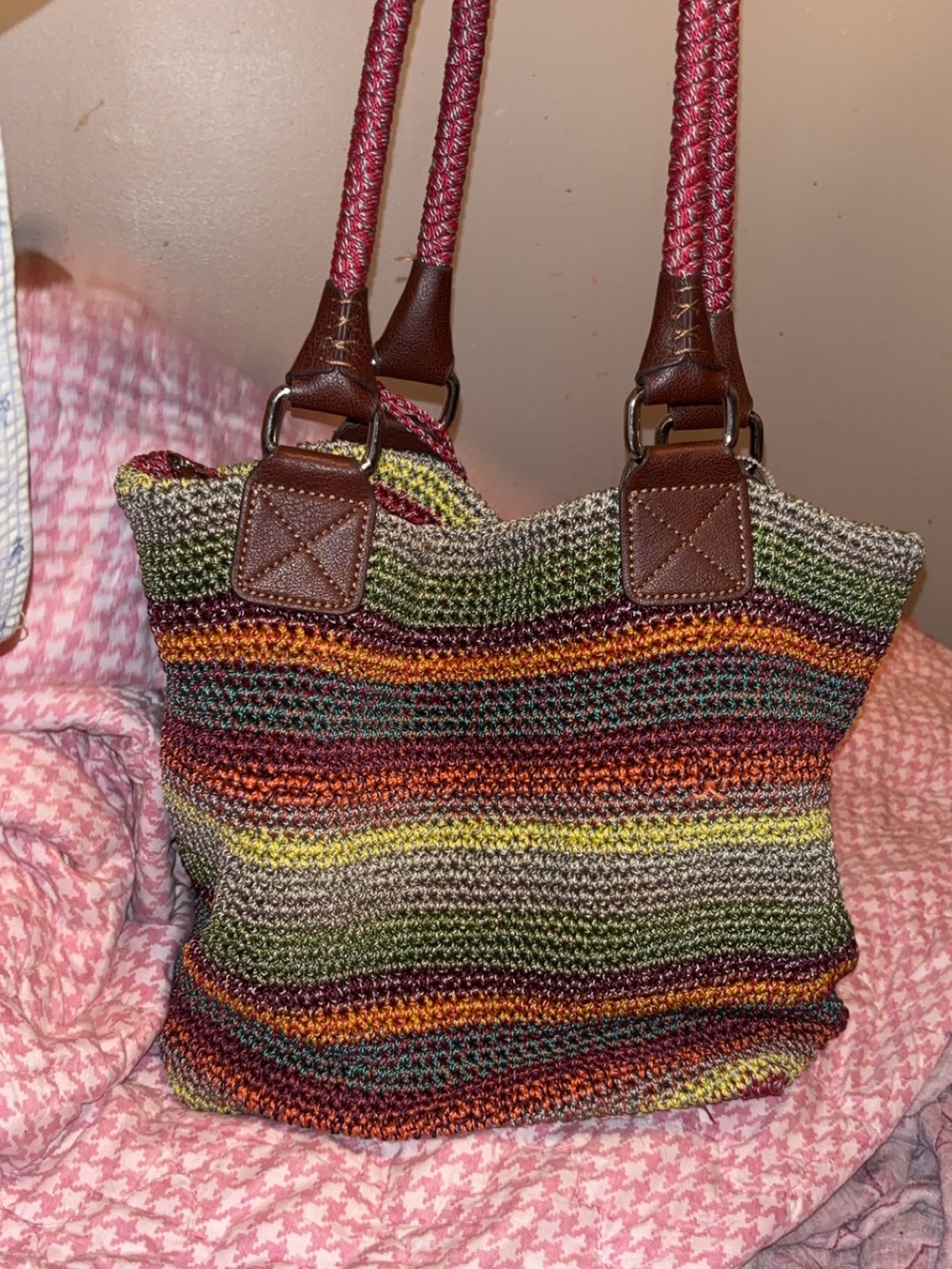 The Sak Multicolor Striped Woven Tote with Brown Trim